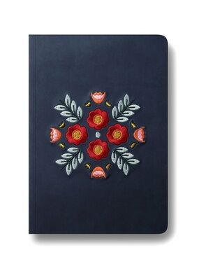 Denik Embroidered Floral Hardcover Journal - Navy